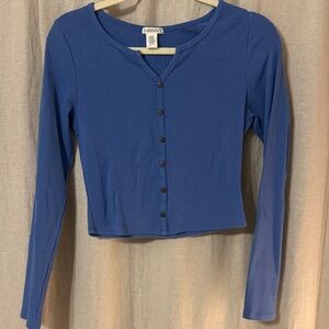 Bozzolo Ribbed Button-Front Long Sleeve Top - Blue